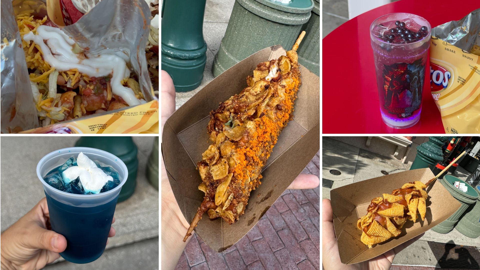 A collage of various street foods: fries with cheese and sauce, a blue drink, a crispy skewered item, a purple drink and chips, and another skewered item with chips.