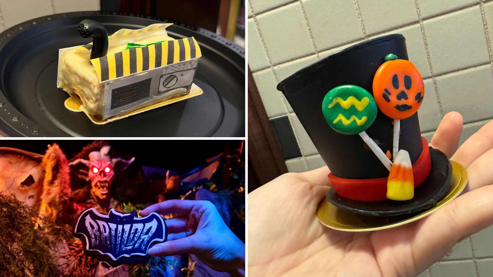 A collage image featuring a Halloween-themed cake with a snake, a haunted house attraction from Halloween Horror Nights, and a hand holding a decorative hat with candies.