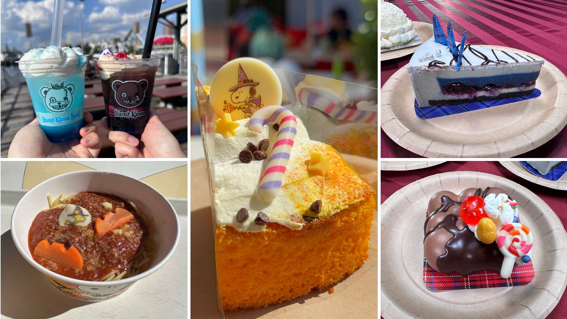 A collage of various desserts and drinks. The food items include two decorative drinks, a blue and berry cheesecake, a bowl of stew with vegetables, a whimsical cake slice, and a chocolate-covered dessert.