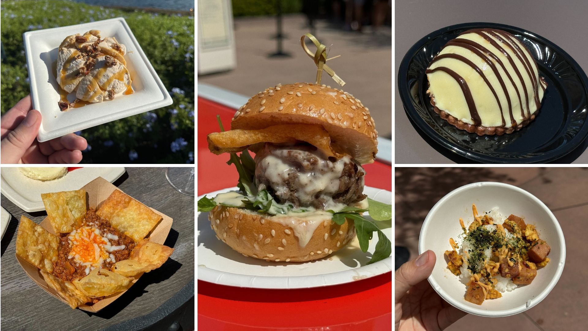 A collage of five different food items including a pastry with toppings, a burger, a chocolate-covered dessert, nachos with sauce, and a small dish with mixed ingredients.