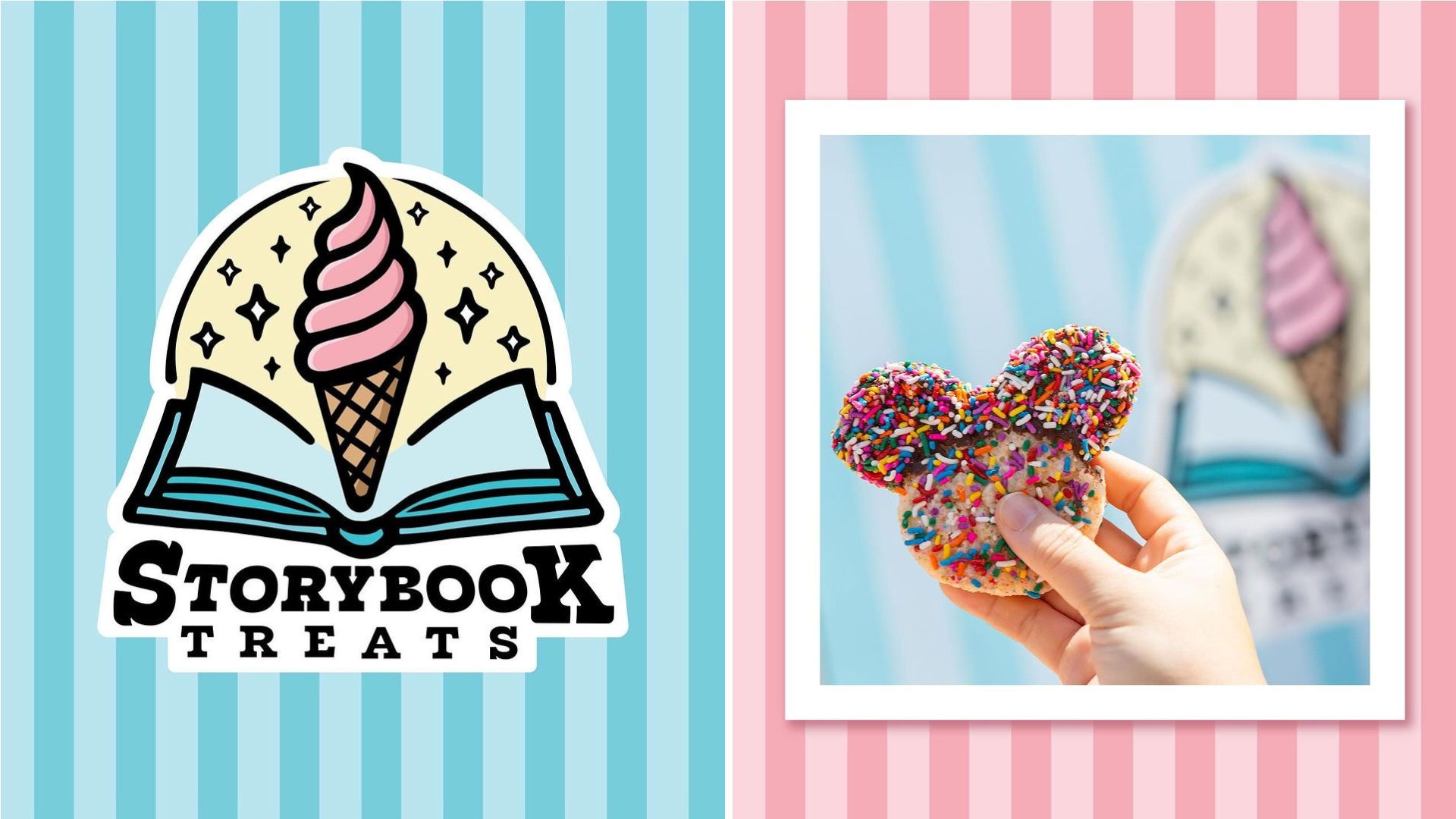 Image of a logo with an ice cream cone and an open book, "Storybook Treats," beside a hand holding a Mickey Mouse-shaped cookie with colorful sprinkles, set against the backdrop of the elegant Swan and Dolphin resort.