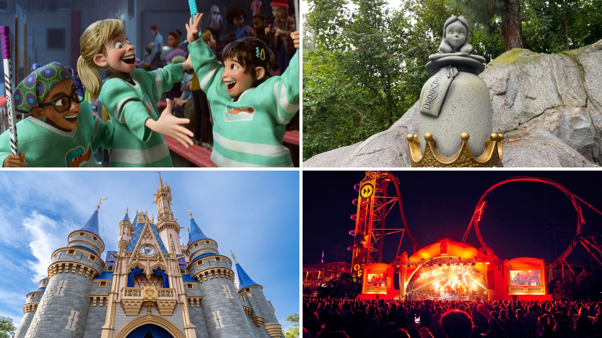 Four images: Animated characters celebrating; a statue of Alice; Cinderella Castle with towering spires; an outdoor concert venue and roller coaster illuminated by stage lights.