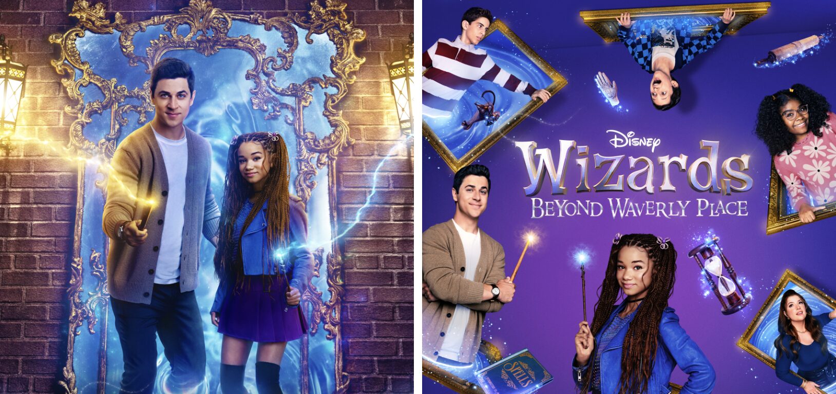 Split image showing promotional posters for "Disney Wizards: Beyond Waverly Place" with one character casting a spell and multiple characters in magical poses.
