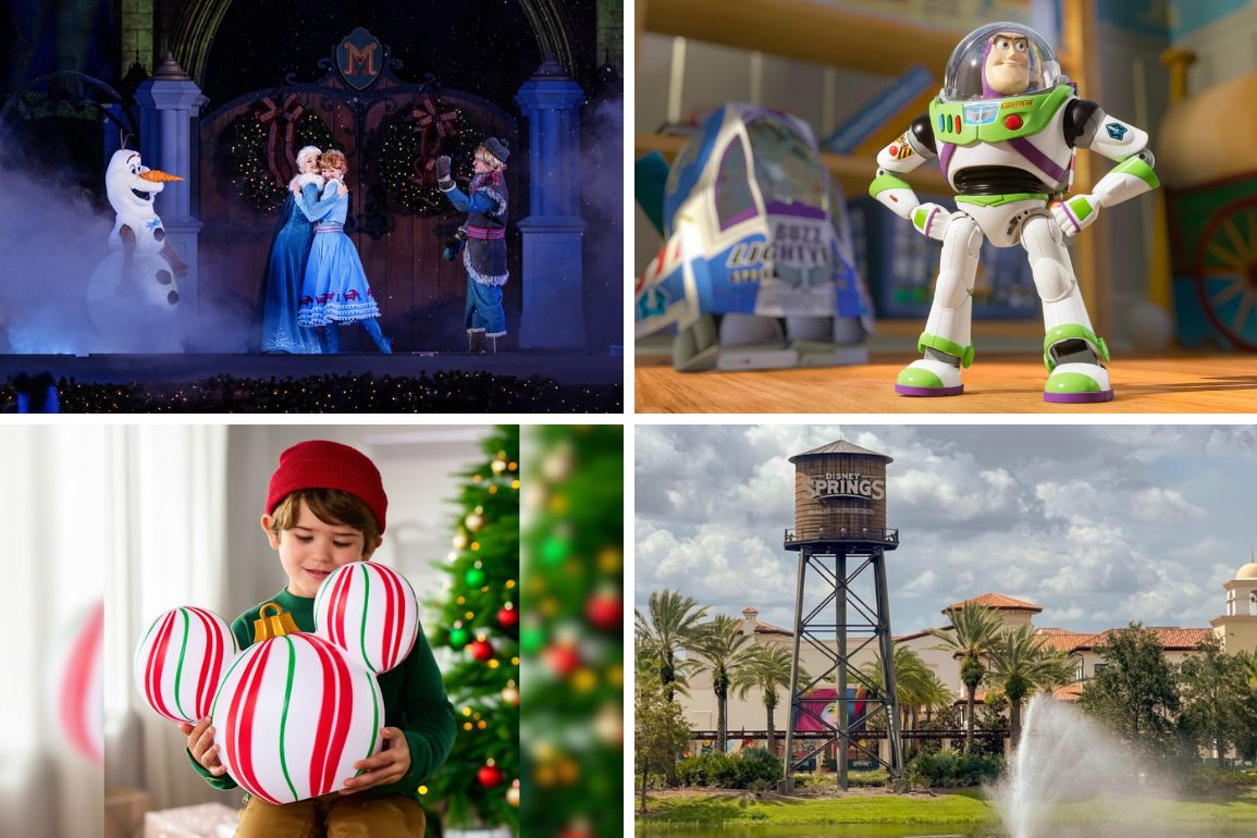 Collage with Frozen characters on stage, Buzz Lightyear toy, child holding Disney-themed balloon, and a view of Disney Springs in an enchanting daily recap.