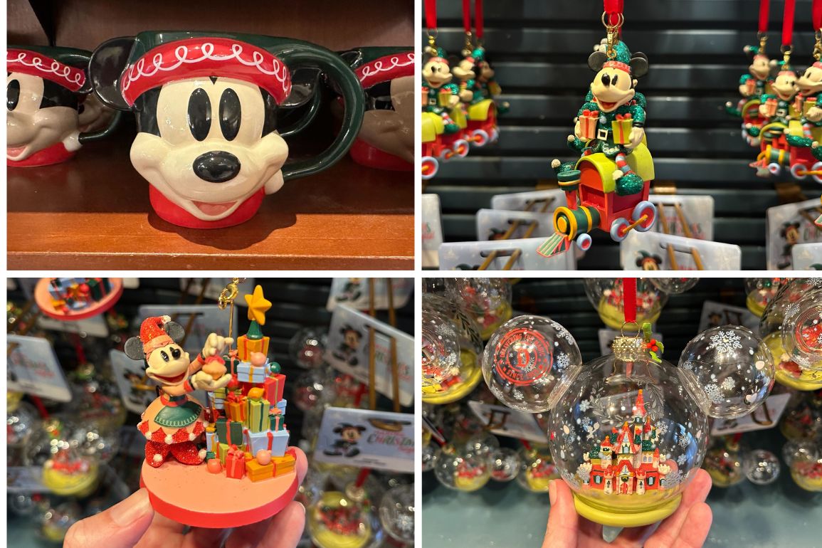 Explore delightful Disney-themed holiday decorations, including Christmas merchandise like a charming Mickey Mouse mug and festive ornaments showcasing Mickey and Minnie with colorful Christmas gifts.