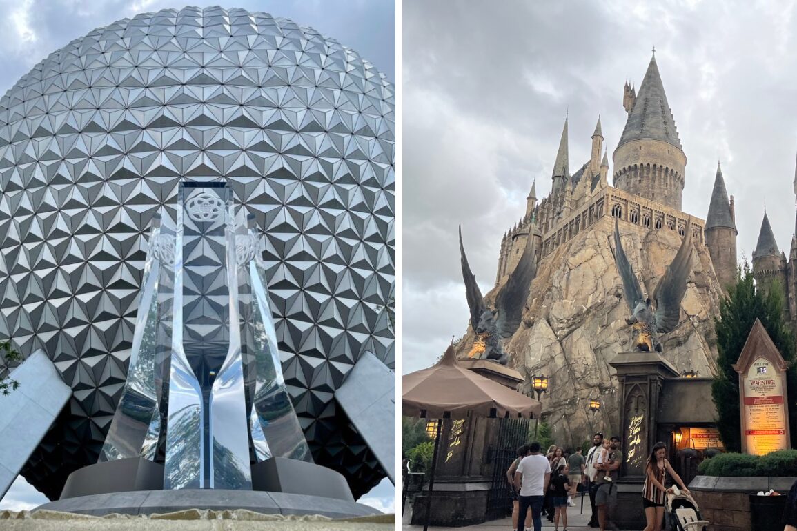 A geometric silver sphere and a castle-like structure with spires, surrounded by people and umbrellas under a cloudy sky.