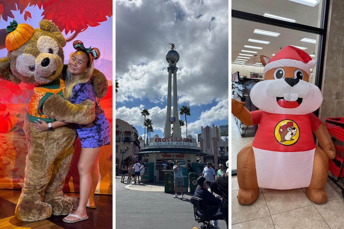 A person hugs a bear mascot, a landmark with a globe is in the center, and an inflatable beaver in a Santa hat stands in a store.