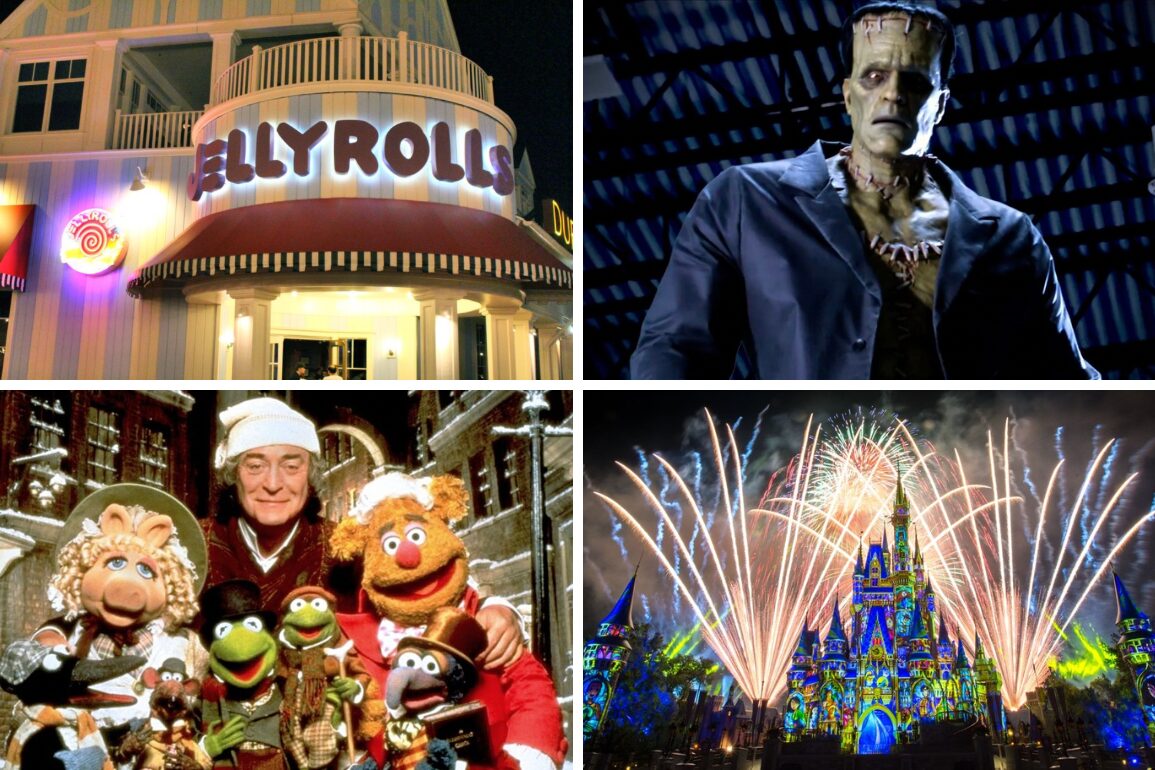 Collage of four images: Jellyrolls sign, Frankenstein's monster, Muppets with a man in winter attire, and fireworks over a castle. A perfect daily recap capturing moments from whimsy to wonderment in one vibrant showcase.