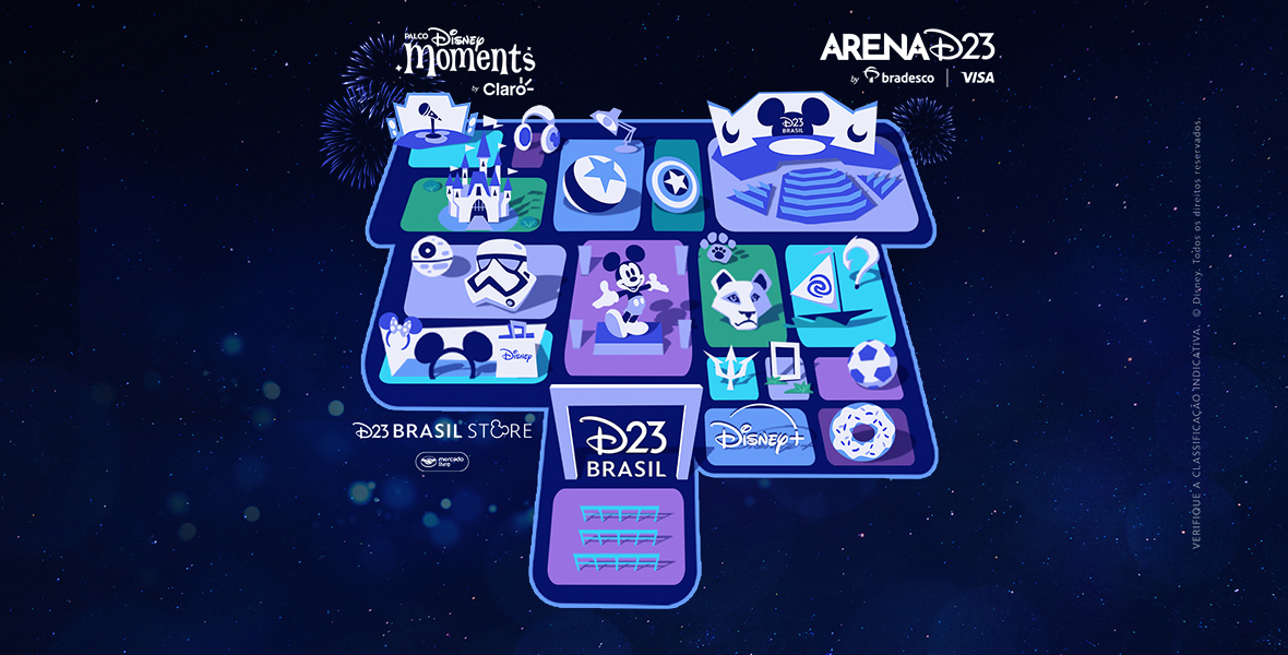 Diagram of Disney Moments and Arena D23 featuring various themed icons like castles, stormtroopers, and Mickey Mouse. Includes D23 Brasil Store and Disney+ logos against a dark background.