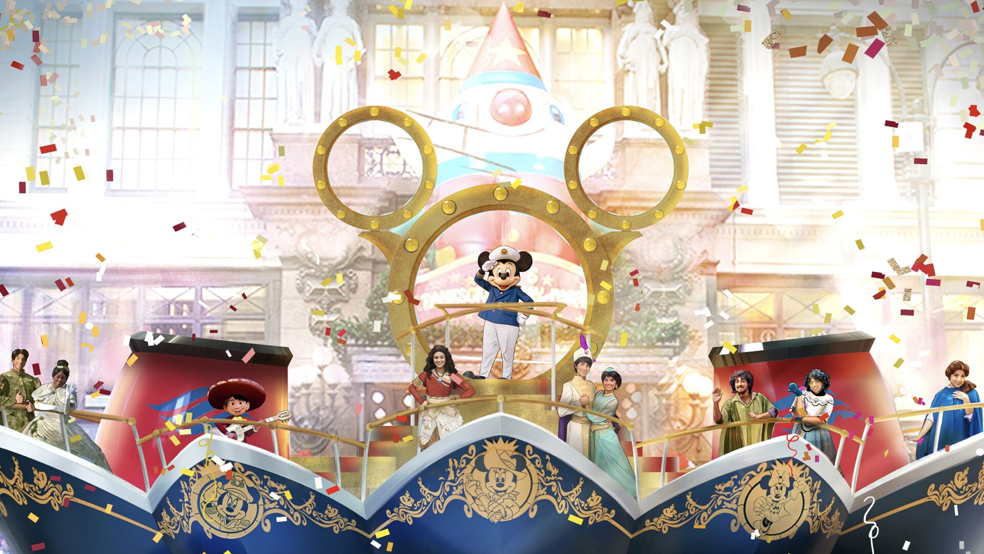 A parade float features people in colorful costumes, including a central figure resembling a mouse character. The backdrop includes confetti and a decorative facade.