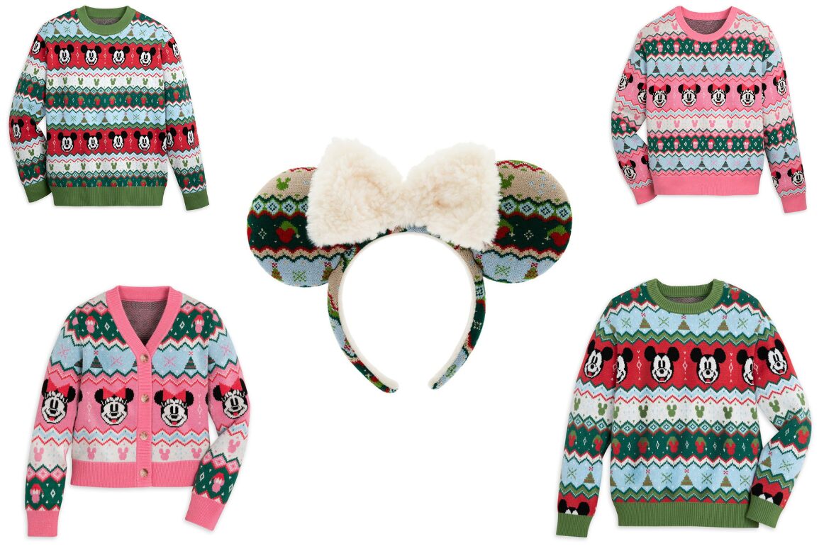 Four Disney-themed Christmas sweaters and a Minnie Mouse ear headband with a bow are displayed. The sweaters feature festive patterns with Mickey and Minnie Mouse designs in various colors.
