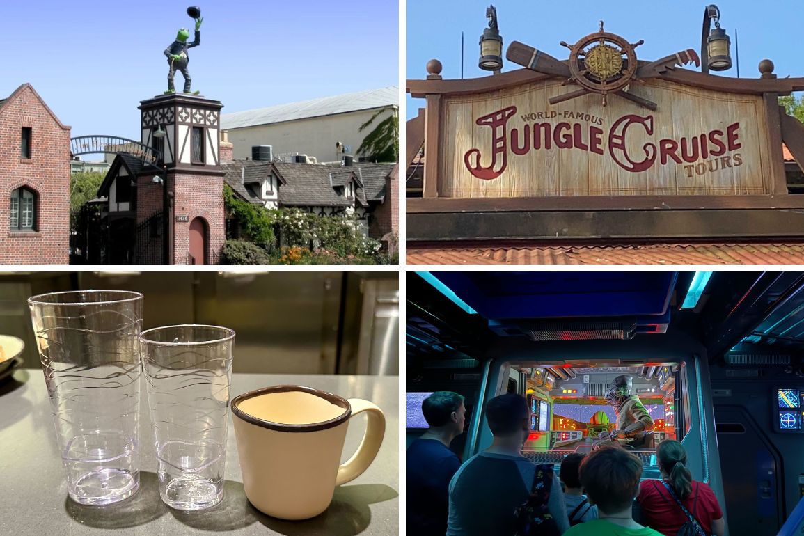 Collage of four images: a green statue atop a building, Jungle Cruise sign, two glasses and a mug, and a group watching a theme park ride—your daily recap of whimsical wonders.
