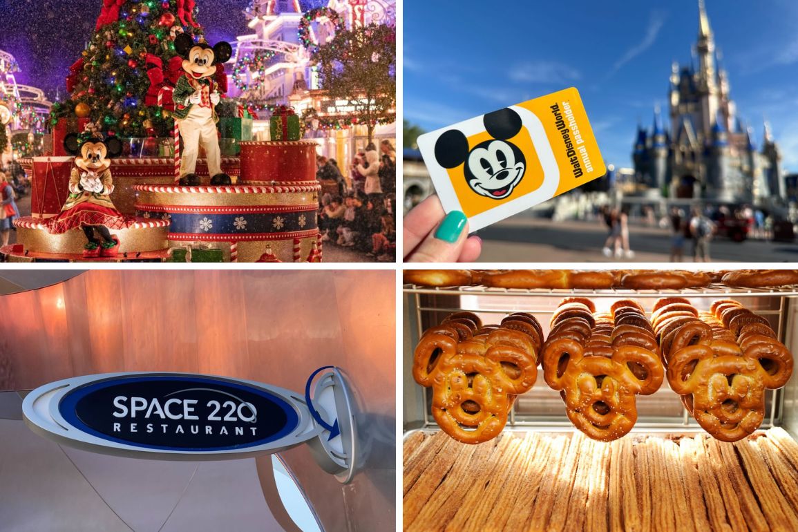 Collage of four images: Disney characters on stage, a hand holding a themed card in front of a castle, Space 220 Restaurant sign, and Mickey-shaped pretzels on a rack—your daily recap of magical moments.