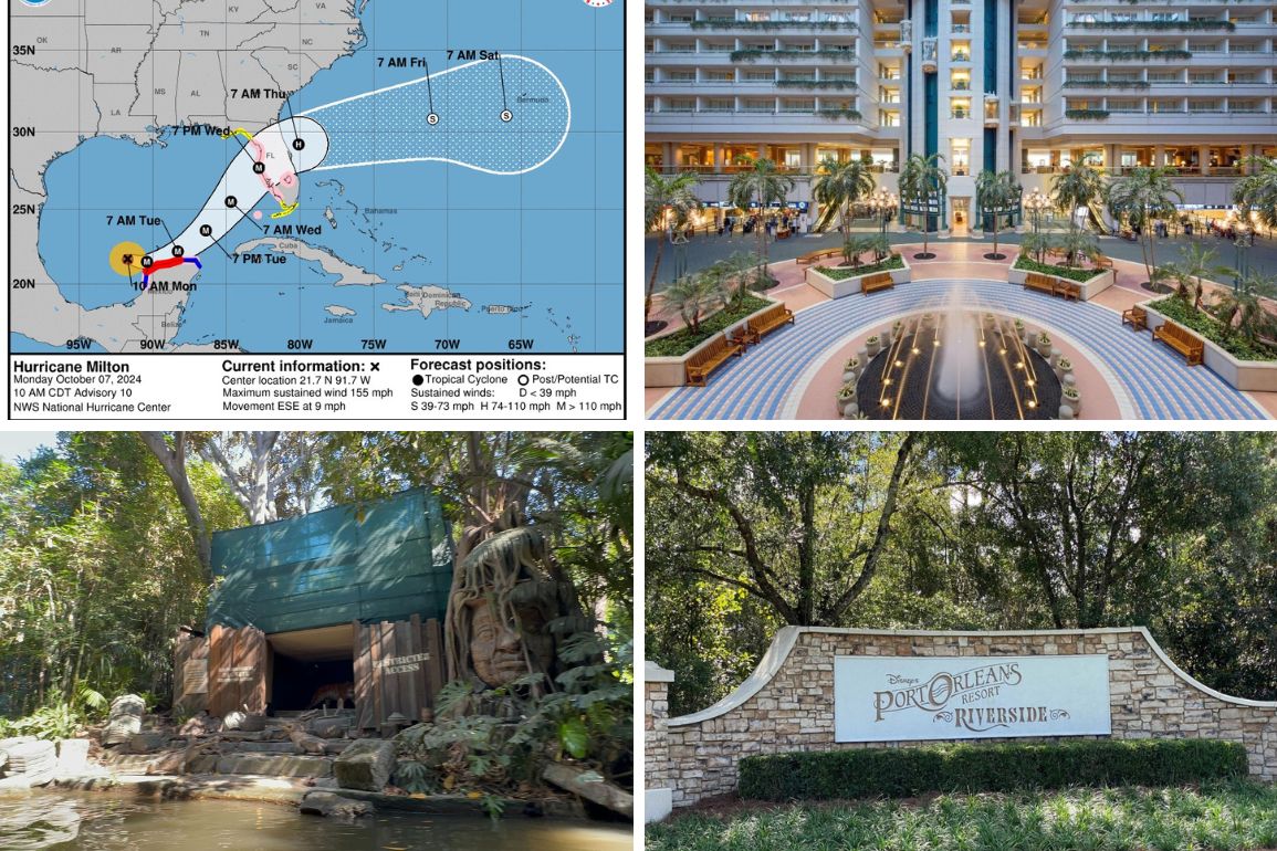 Four-panel image for a daily recap: 1. Hurricane map showing predicted path. 2. Hotel interior with atrium and balconies. 3. Zoo exhibit of an animal habitat. 4. Entrance sign for "Port Orleans Riverside.