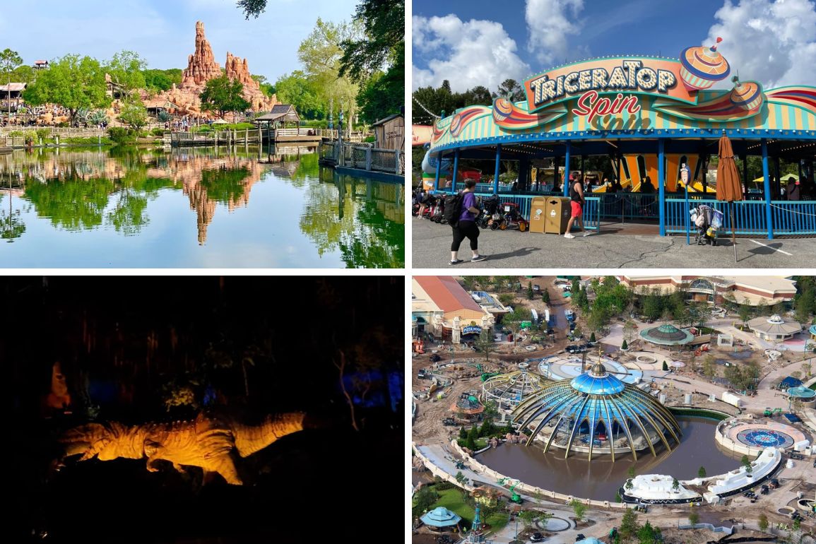 Collage for a daily recap: four theme park images capture a mountain landscape by water, a colorful spin ride, a dinosaur in a dark setting, and an aerial view of a dome structure.