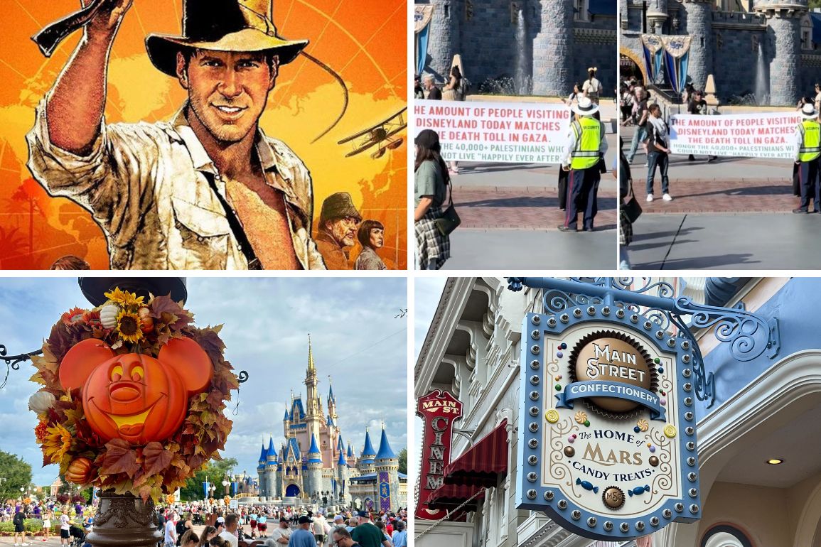 A daily recap collage features a movie poster, a protest with a sign about Gaza, a Mickey Mouse pumpkin decoration near a castle, and the Main Street Confectionery shop sign.