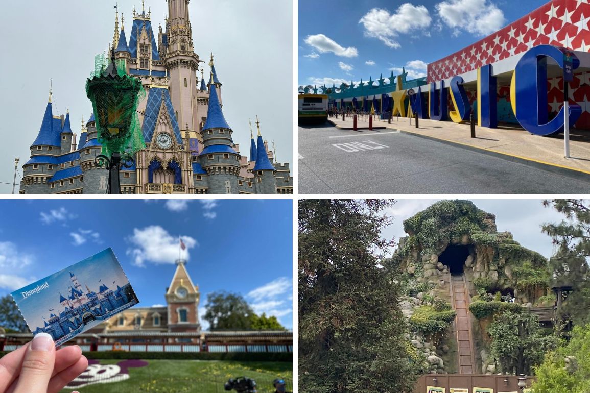 A collage of four images captures a daily recap: a castle with blue spires, a large "MUSIC" sign, a Disneyland ticket with a floral background, and a verdant rocky structure with stair access.