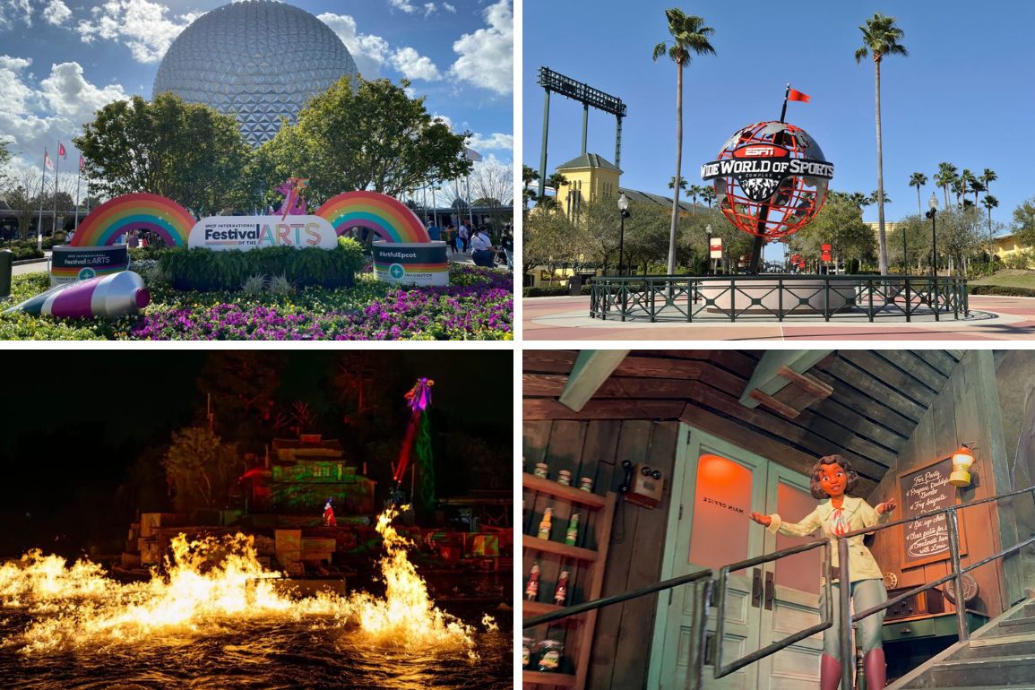 Four-image collage: Top left - EPCOT's Festival of the Arts entrance. Top right - ESPN Wide World of Sports. Bottom left - Fireworks over water at a night event. Bottom right - Theme park animatronic character, serving as a vibrant daily recap of unforgettable moments and attractions.