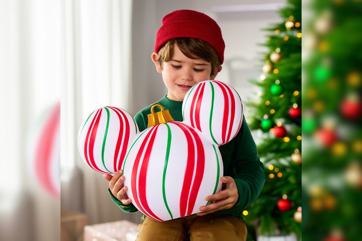 A child wearing a red hat and green shirt holds a Mickey Mouse-shaped red and green striped object in front of a decorated Christmas tree.