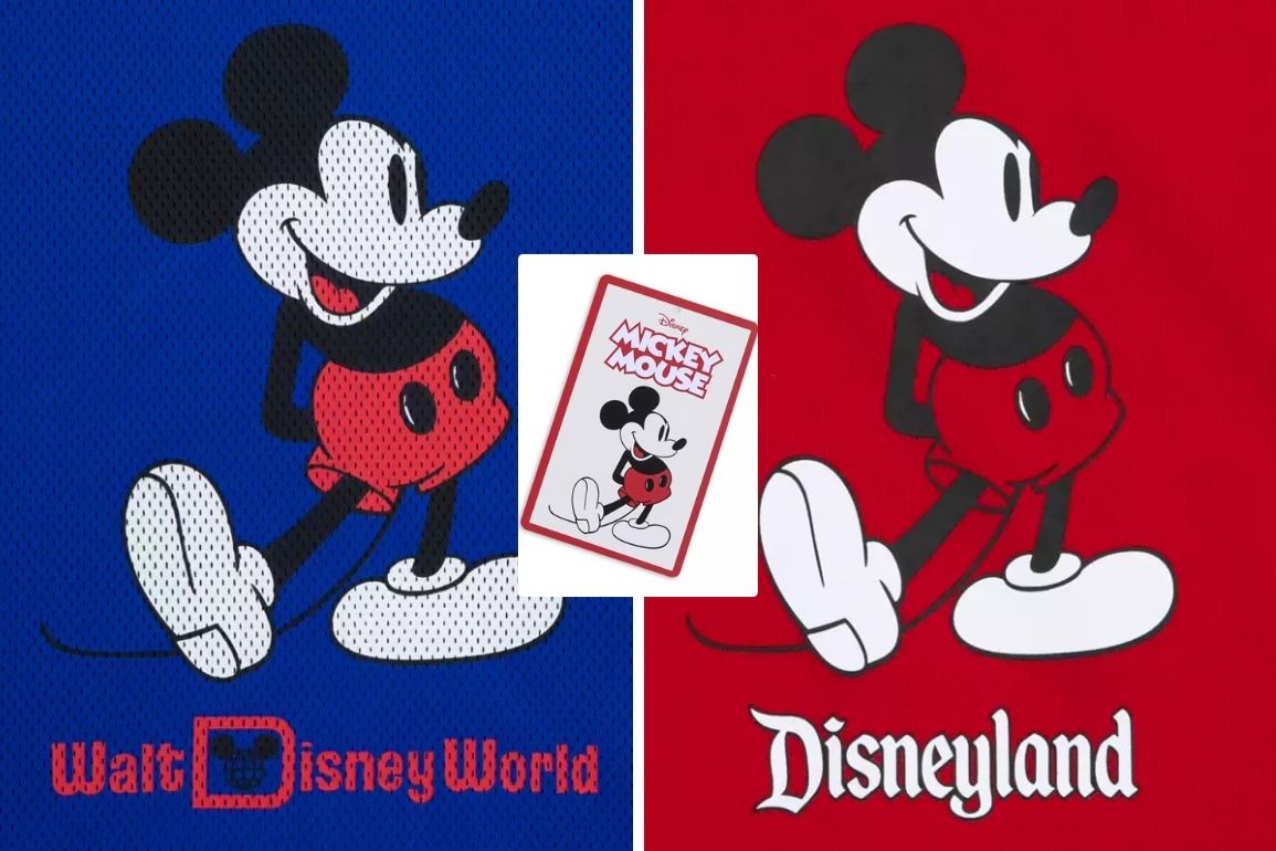 Two images show Mickey Mouse on blue and red backgrounds labeled "Walt Disney World" and "Disneyland." An inset displays a vintage-style Mickey Mouse poster.