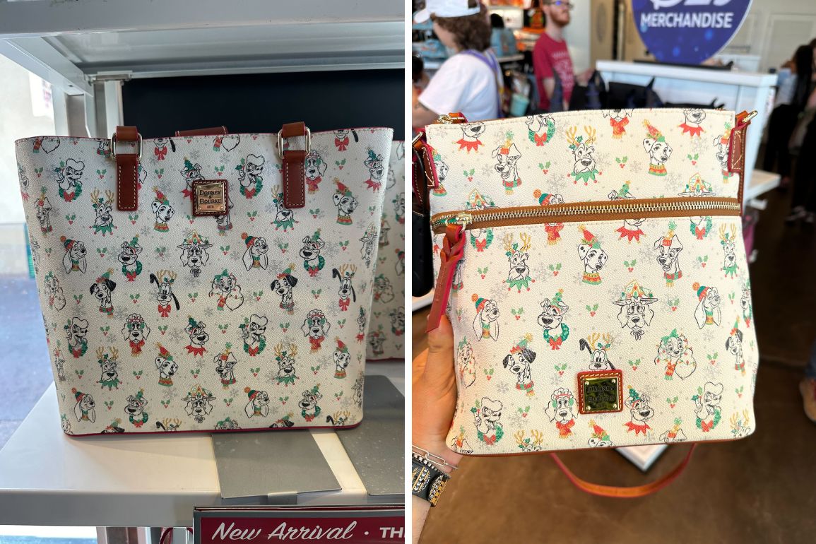 Two images of bags with animated character prints. The left bag is larger with short handles; the right bag is smaller with a front zipper pocket.