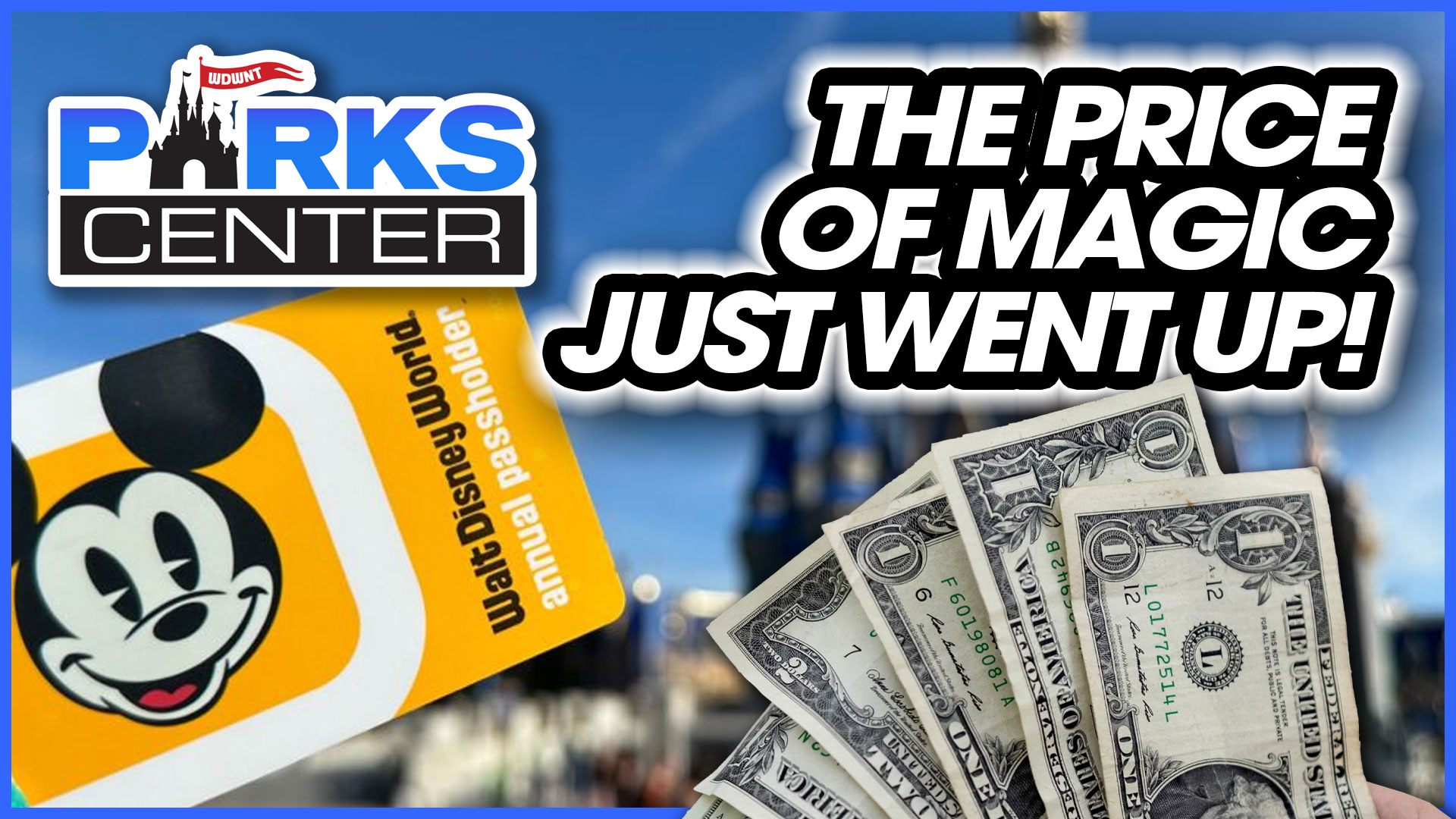 An annual pass holder card, dollar bills, and a theme park castle backdrop, with text reading "The Price of Magic Just Went Up!" capture the essence of ParksCenter's latest updates.