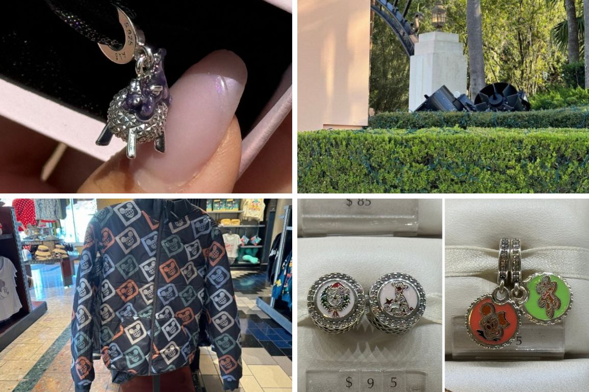 A collection of images showcasing a Pandora charm, a metal sculpture in a garden, a patterned jacket, and themed jewelry items with price tags, evoking the enchanting allure of Disney's Hollywood Studios.