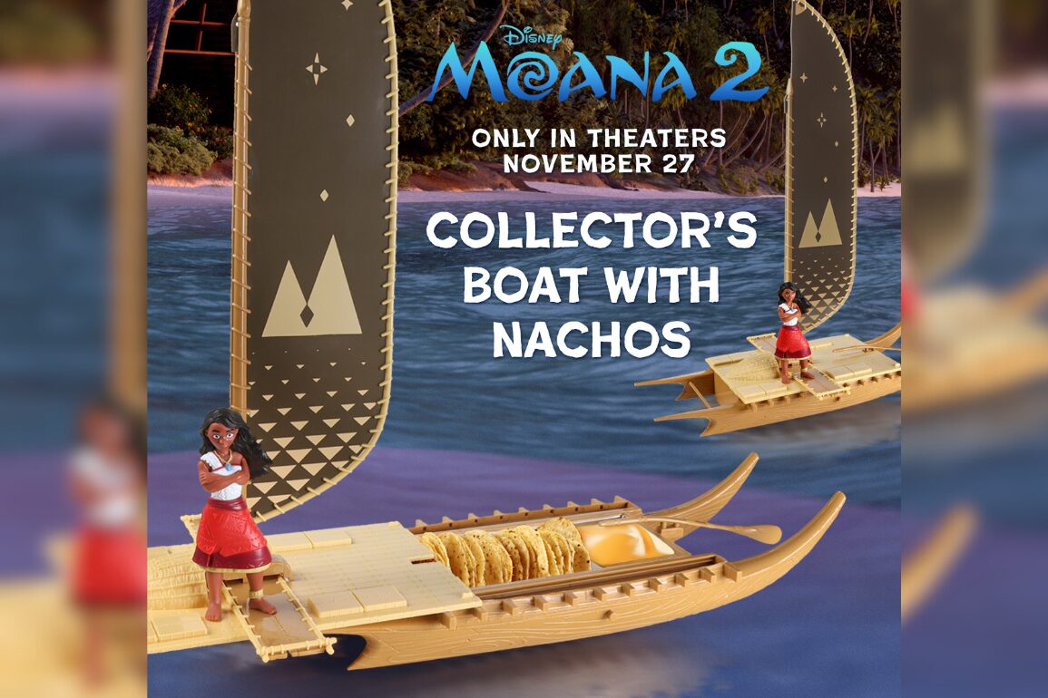 Toy boats on water with sail designs feature on an advertisement for "Moana 2," showing "Collector's Boat with Nachos," releasing in theaters on November 27.