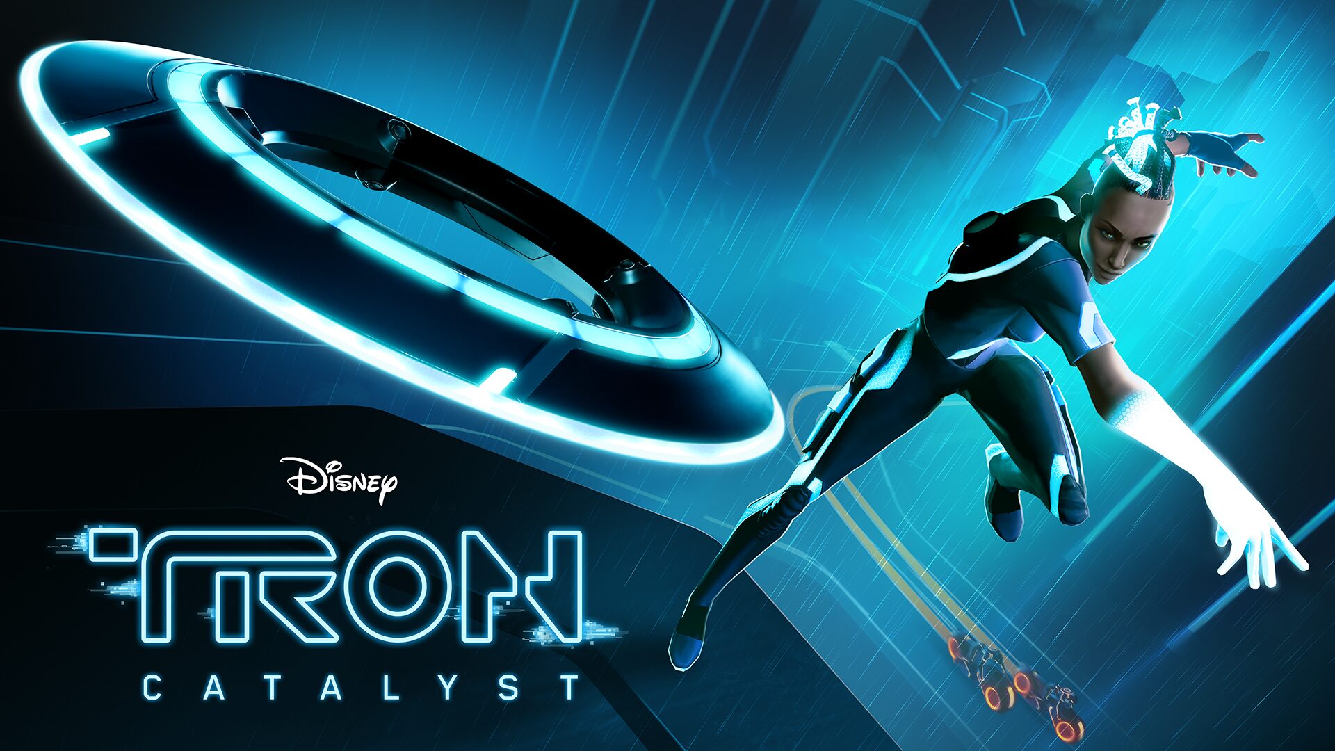 Futuristic figure in a dynamic pose next to a glowing disc, set against a digital cityscape with the title "TRON: CATalyst" and the Disney logo.