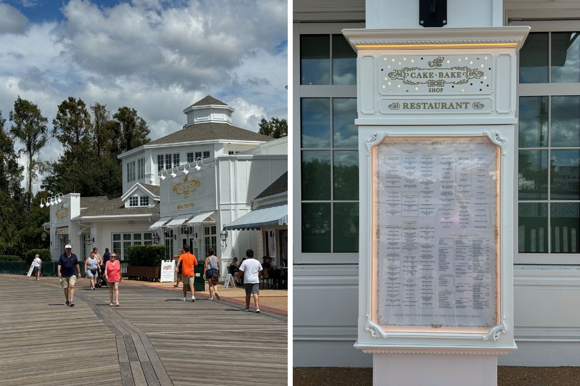 Several people walk toward the Cake Bake Shop Restaurant, where a detailed menu is revealed outside. Trees and clouds provide a picturesque backdrop to the inviting scene.