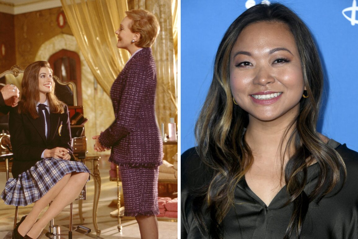 A split image: on the left, two women in a room, one seated in a plaid skirt; on the right, a woman with long hair smiling against a blue backdrop.
