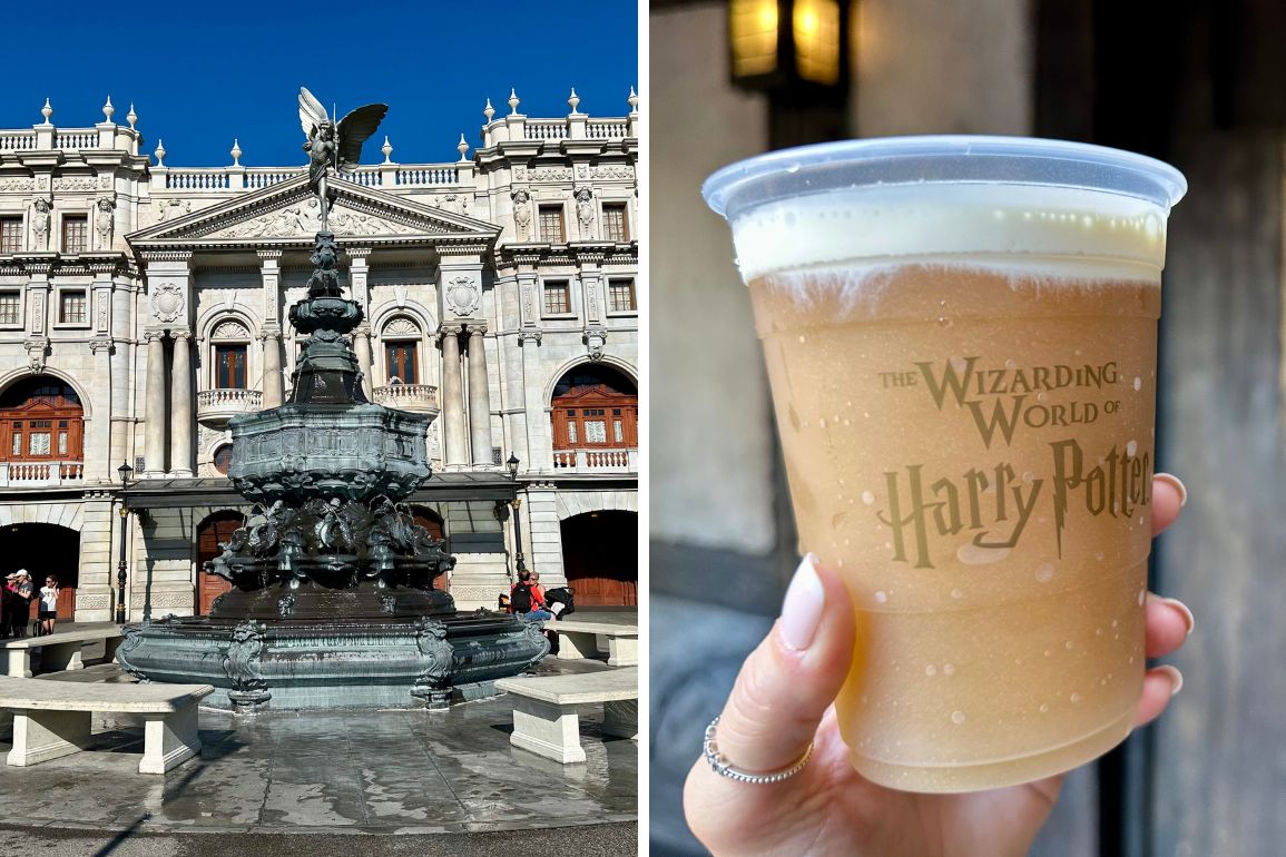 A grand fountain in front of a historic building and a hand holding a cup of butterbeer from The Wizarding World of Harry Potter.