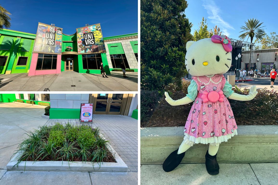 A storefront with bright green accents and a character statue in a pink dress standing outside with plants nearby.