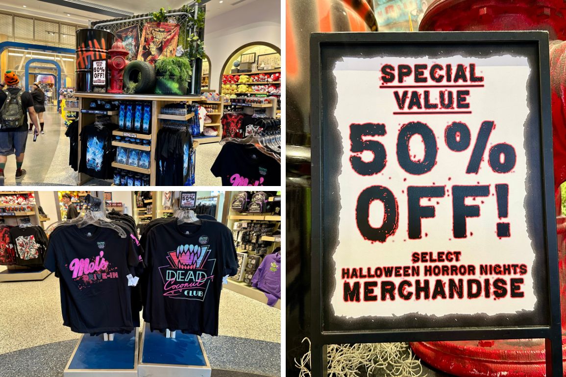 Store interior displaying Halloween-themed merchandise on sale, with a sign promoting a 50% discount on select items.