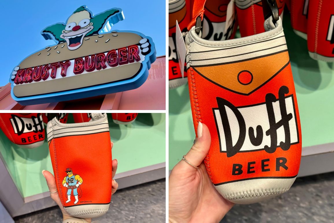 Signs and merchandise from a fictional burger and beer brand, featuring colorful designs and cartoon imagery.