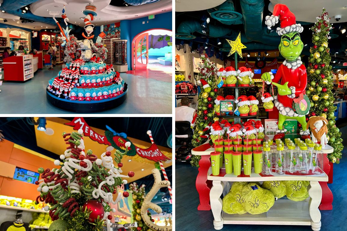 A store display with Dr. Seuss-themed holiday decorations, including a Grinch statue, Dr. Seuss character ornaments, wreaths, and Christmas trees.