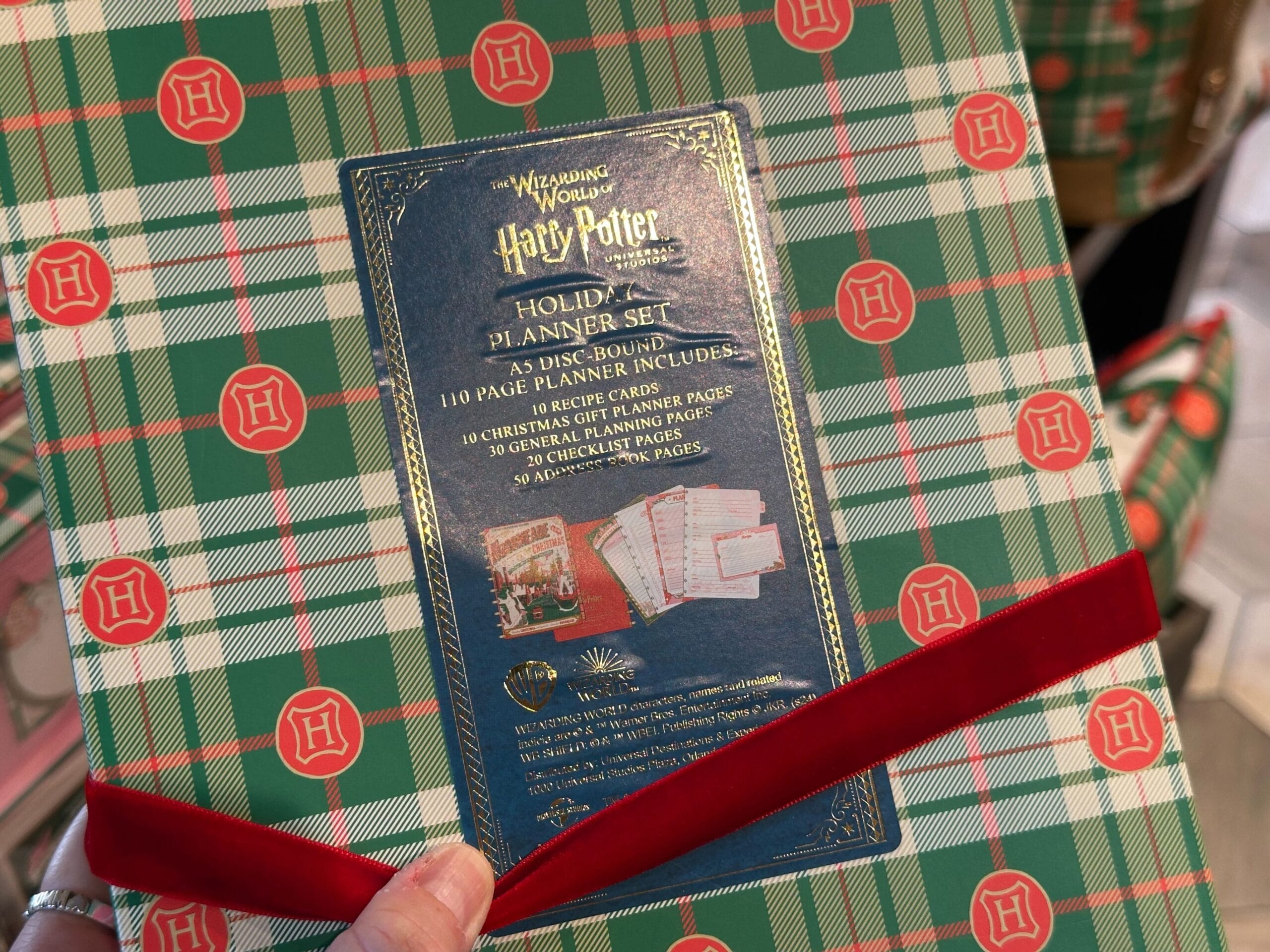 A person holds a holiday planner set with a Harry Potter theme, featuring a green and red plaid cover adorned with an "H" monogram, reminiscent of the enchanting village of Hogsmeade. A person holds a holiday planner set with a Harry Potter theme, featuring a green and red plaid cover adorned with an "H" monogram, reminiscent of the enchanting village of Hogsmeade.