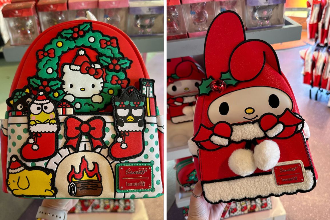 Two festive Hello Kitty-themed backpacks, one depicting a holiday scene with stockings and a wreath, the other featuring a character in a Santa outfit.
