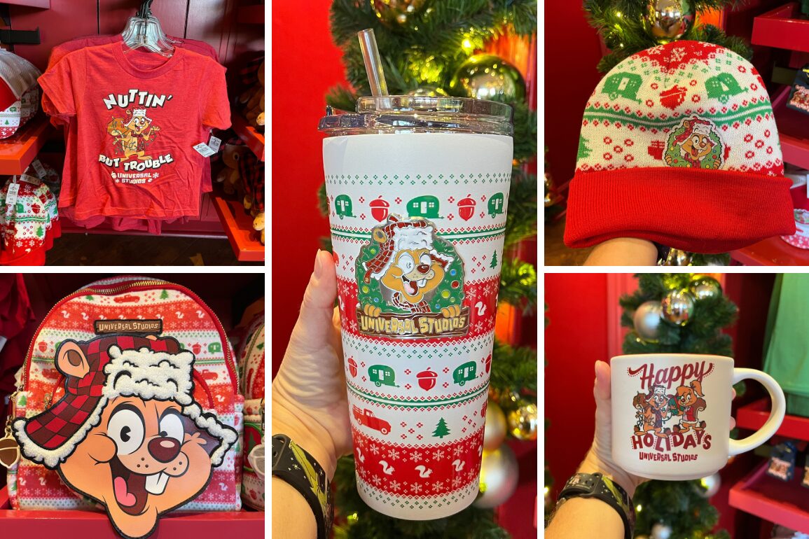 A display of holiday-themed merchandise including a red shirt, beanie, backpack, tumbler, and mug, each featuring a cartoon character, set against a festive background.