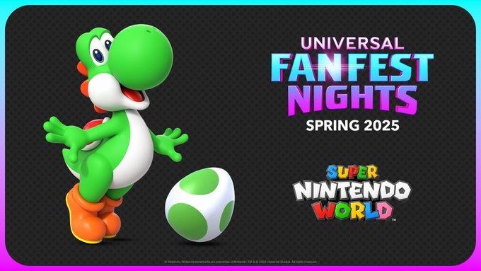 Yoshi from Super Nintendo World stands next to a green spotted egg, inviting you to the ultimate Yoshi Egg-Hunt. Text reads: "Experience Universal Fan Fest Nights, Spring 2025.