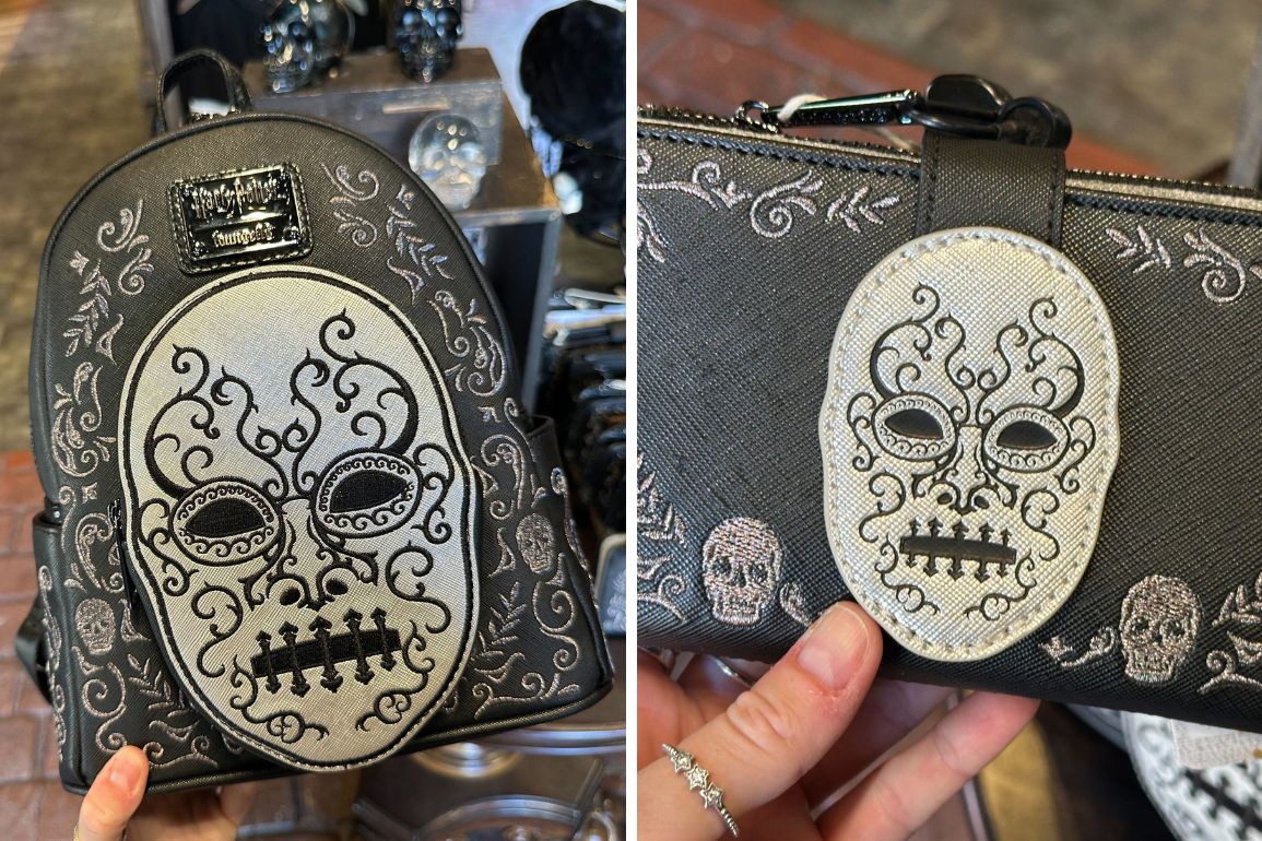 A black backpack and wallet featuring a stylized white skull design with decorative patterns and skull motifs in the background.