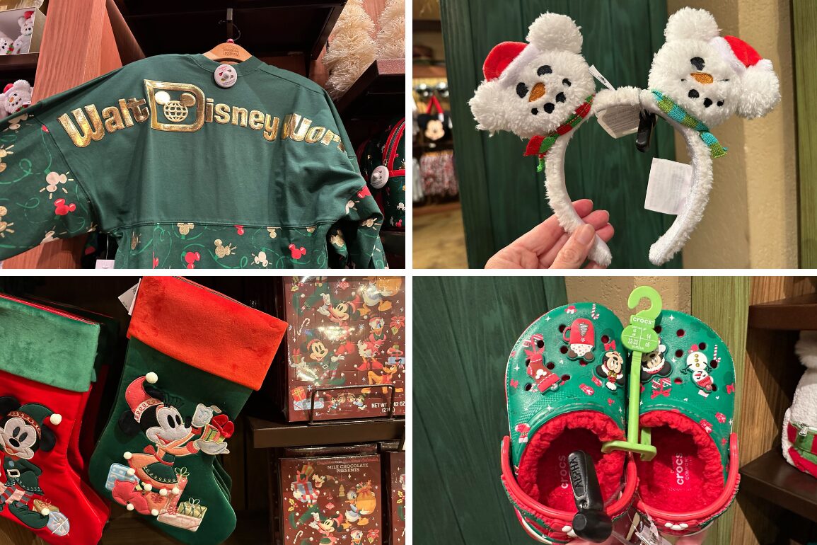 Collage of 2024 Christmas merchandise featuring Disney-themed holiday items: a green jacket, snowman headband, Mickey stockings, and slippers with festive designs.