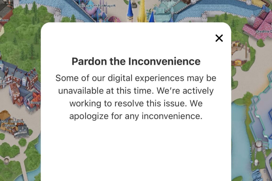 Notice stating: "Pardon the Inconvenience. Some digital experiences unavailable. Actively working to resolve. We apologize for any inconvenience.