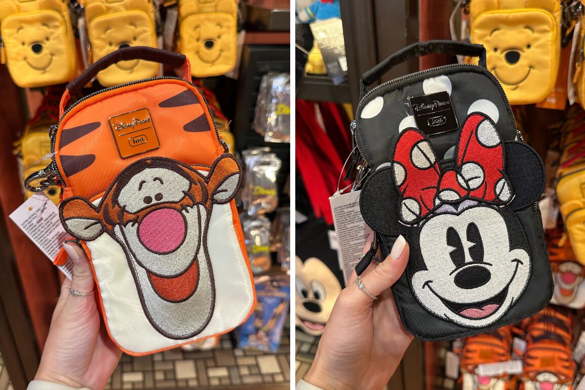 Two small Disney-themed backpacks held in hands: one with Tigger design in orange and one with Minnie Mouse design in black and red polka dots. More bags are visible in the background.