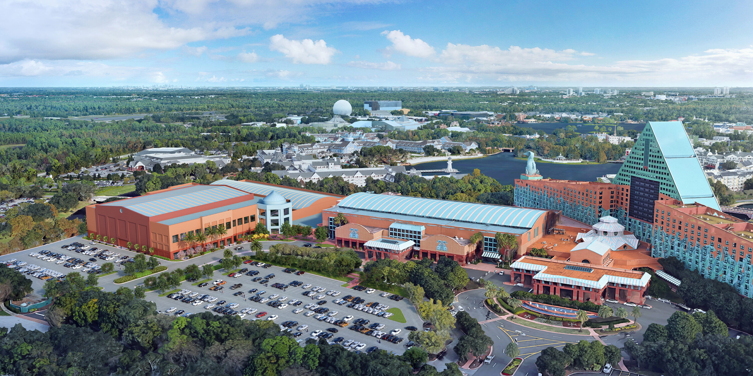 Aerial view of a large hotel complex with distinct geometric architecture, flanked by elegant swan and dolphin sculptures, surrounded by parking lots, greenery, and water, all set under a partly cloudy sky.