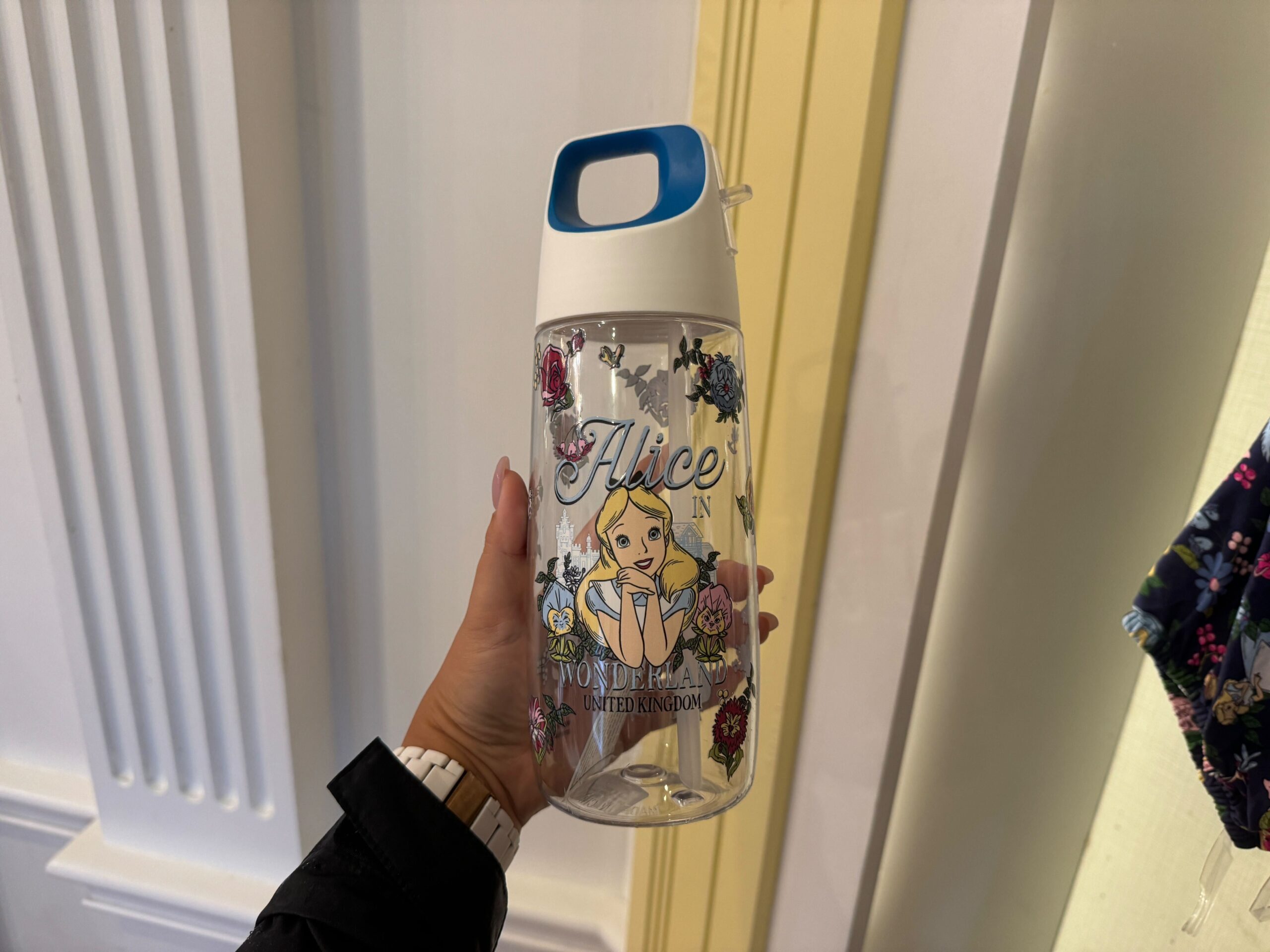 A person holds a transparent water bottle with a blue handle, featuring an illustration of a girl surrounded by flowers and the text "Alice in Two Dream" and "United Kingdom.