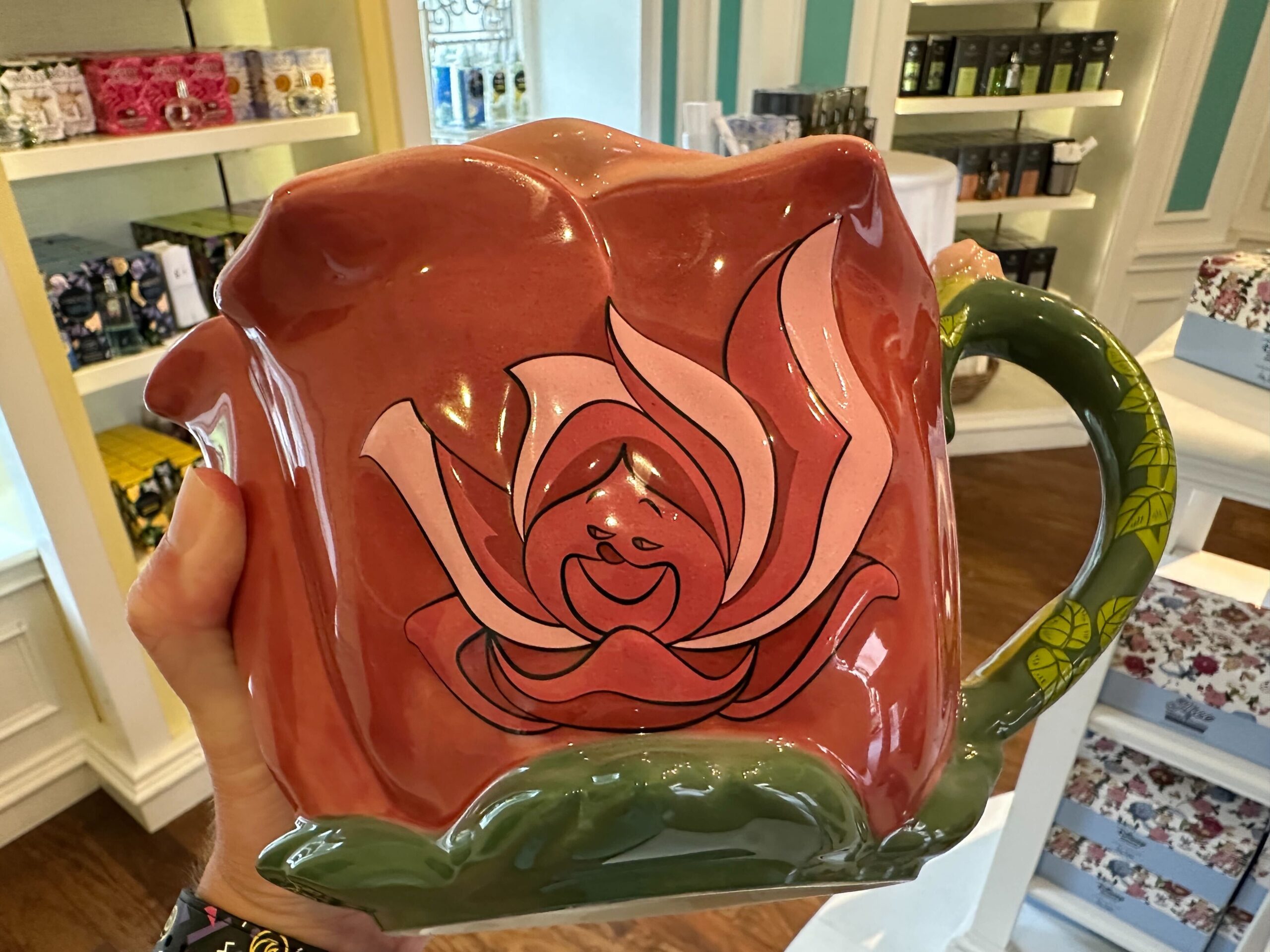 In a store brimming with wonders, a person holds a large, rose-shaped mug adorned with floral designs reminiscent of Alice in Wonderland merchandise. Shelves overflow with enchanting items, echoing the whimsical charm of Walt Disney World.