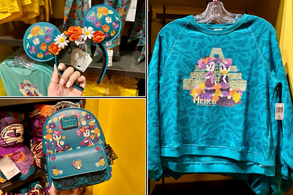 Colorful Disney merchandise featuring embroidered flowers including a headband, sweatshirt with "Mexico" text, and a backpack with character graphics on display in a store.