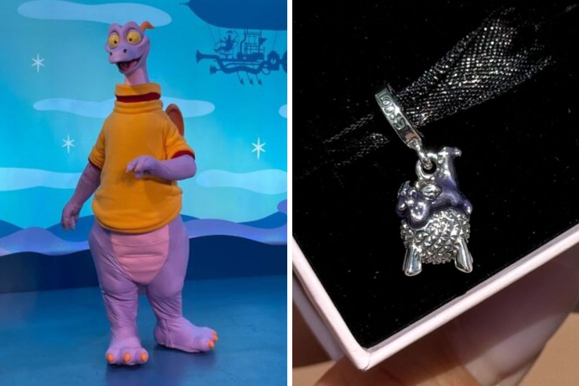A person in a purple dragon costume on the left, and a silver dragon charm on a black fabric in a box on the right.