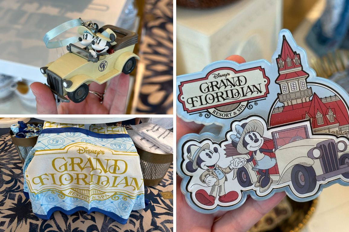 A Grand Floridian-themed collage showcases delightful merchandise, including a toy car, a towel adorned with the resort's elegant logo, and a whimsical sticker featuring cartoon characters against the iconic building.